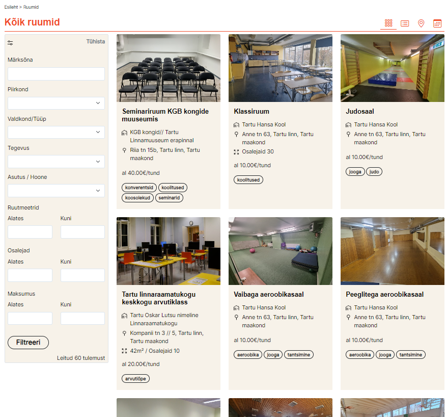 Ruumide otsimise ja broneerimise liides filtreerimise võimalustega