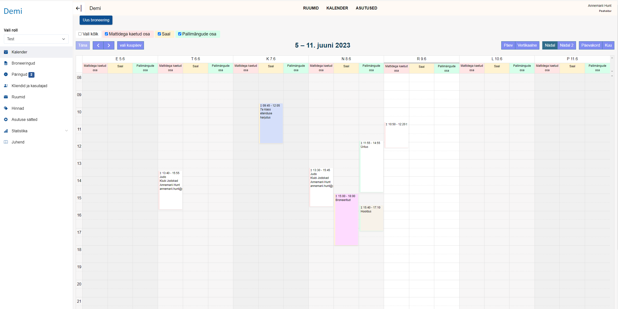 Aneton Systems nutikas kalendri vaade broneeringute haldamiseks